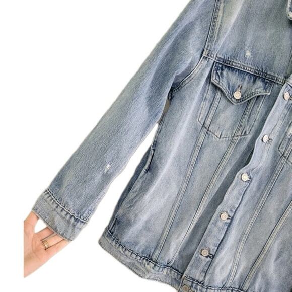 Lucky Brand Denim Trucker Jacket Size Large Unisex Blue‎ 100% Cotton Distressing - Picture 5 of 12
